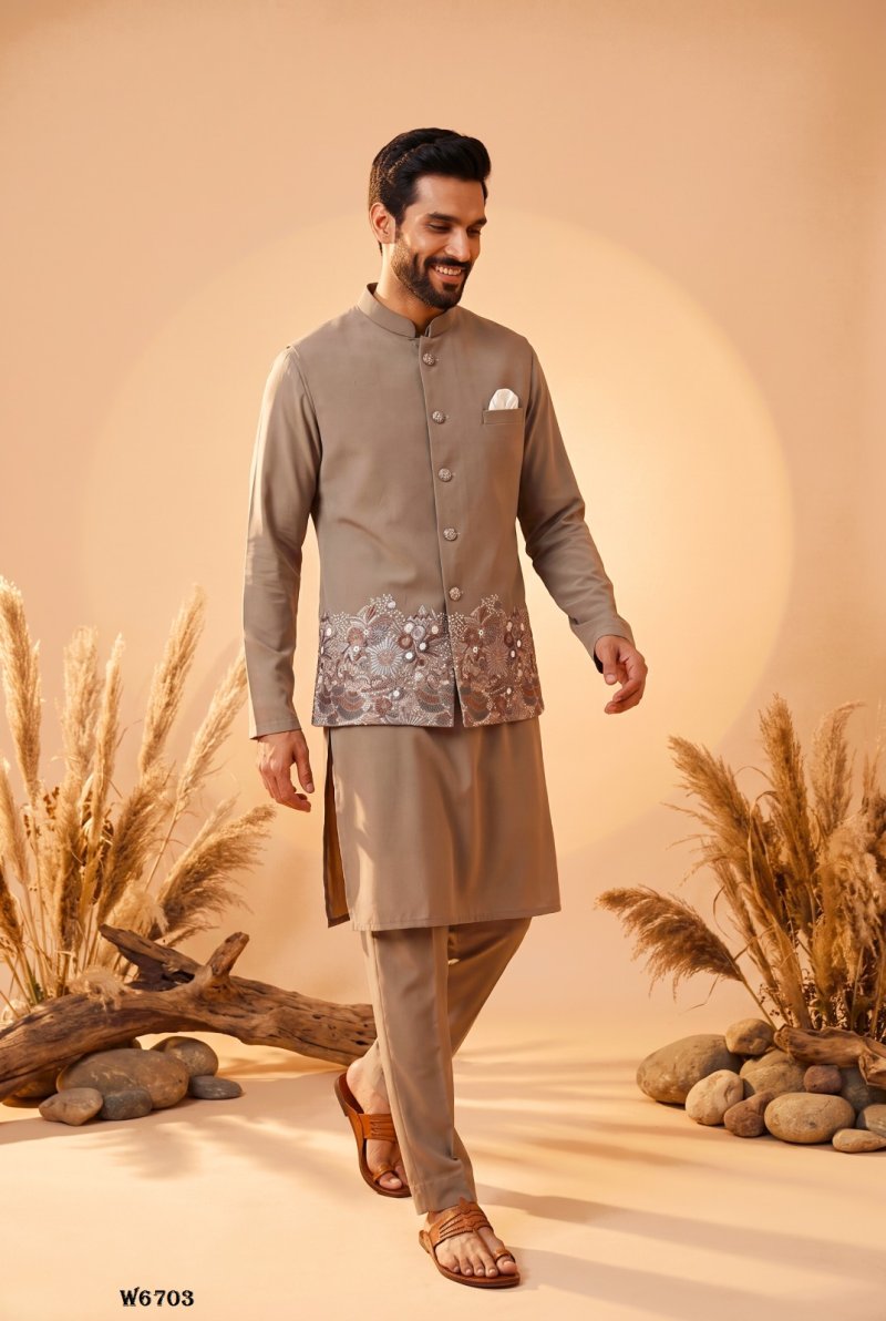 Cream Outluk Wedding Vol 67 Soft Silk Modi Jacket Kurta Pajama W6703
